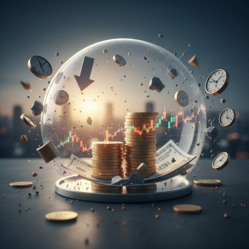 A glass snow globe contains stacks of coins, paper money, financial charts, and floating clocks against a blurry cityscape backdrop.