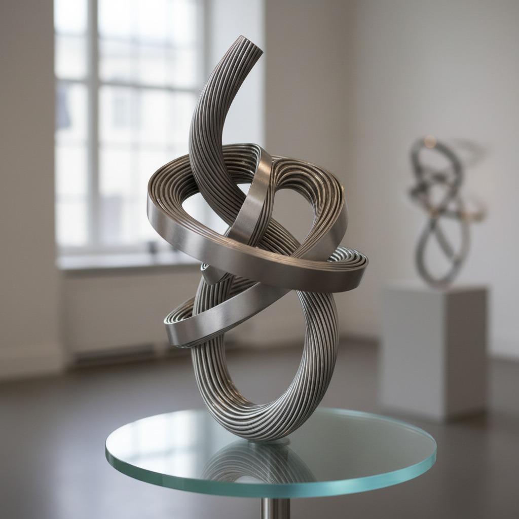 A modern, abstract metal sculpture of intertwined ribbons rests on a glass pedestal inside a gallery.