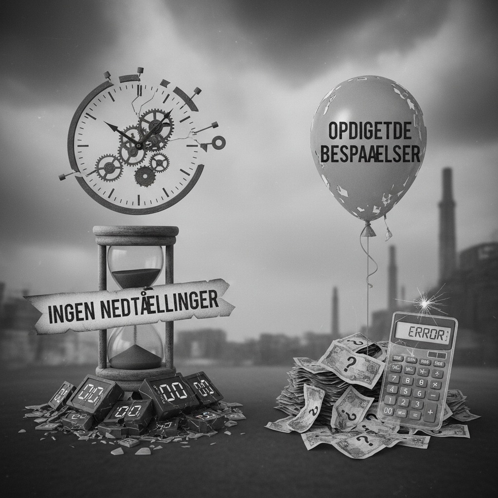 A black and white image contrasting a broken clock and hourglass labeled "Ingen nedtællinger" with a pile of money, a calculator showing an error, and a balloon labeled "Opdigtede besparelser".